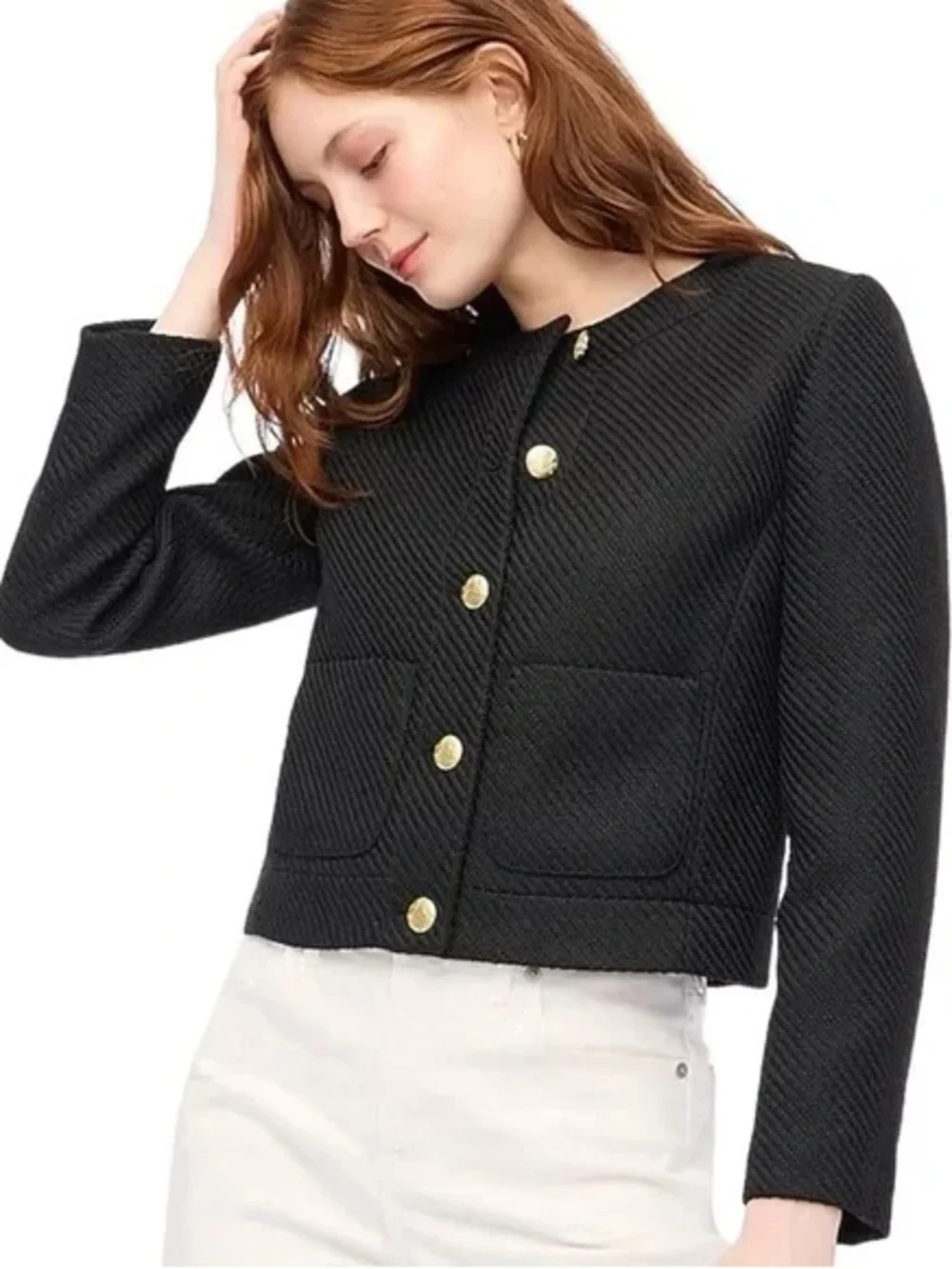 J. Crew Black Tweed Button-Front Blazer with Gold Buttons